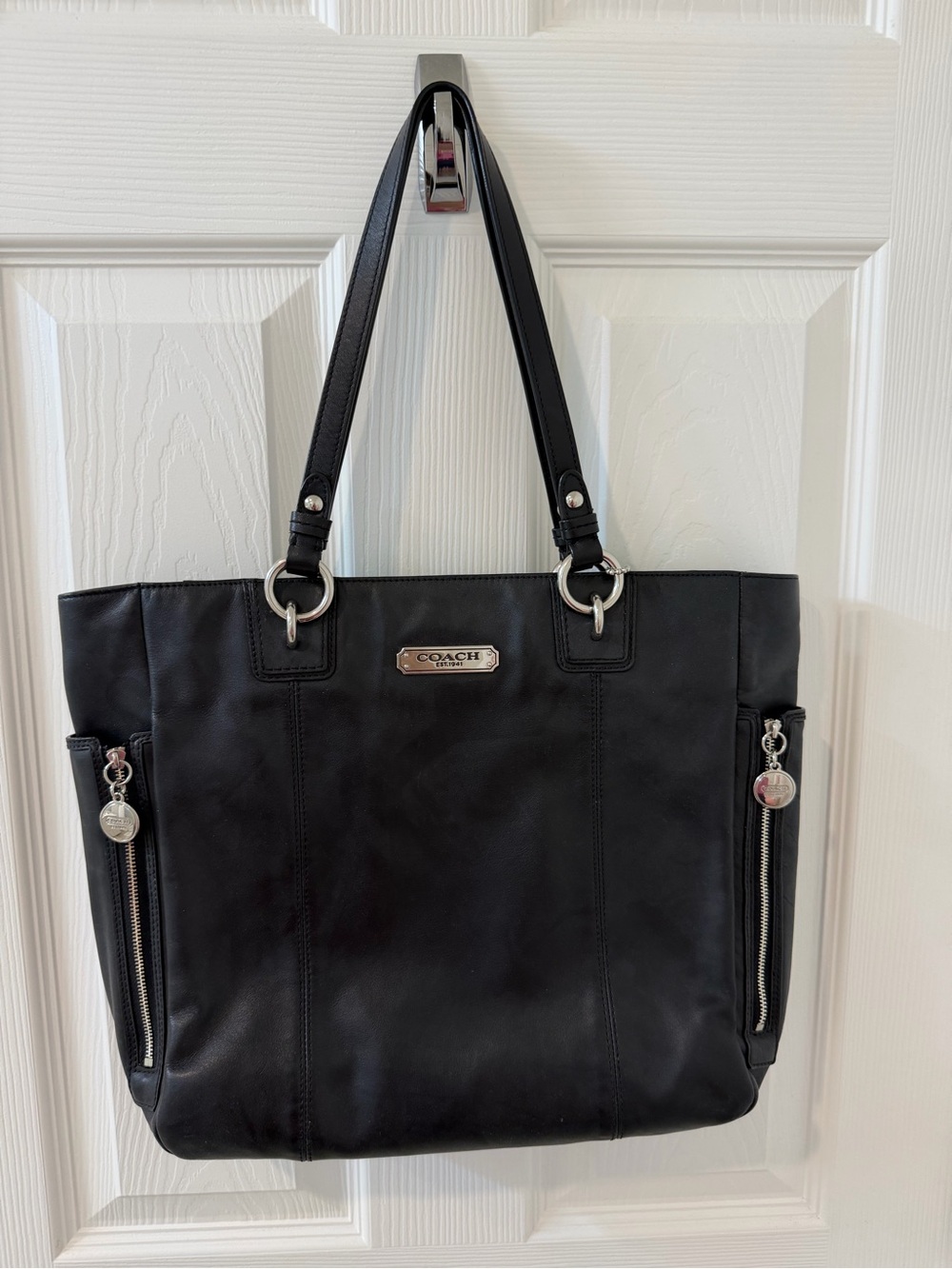 Coach Black Leather Tote with Silver-Tone Accents